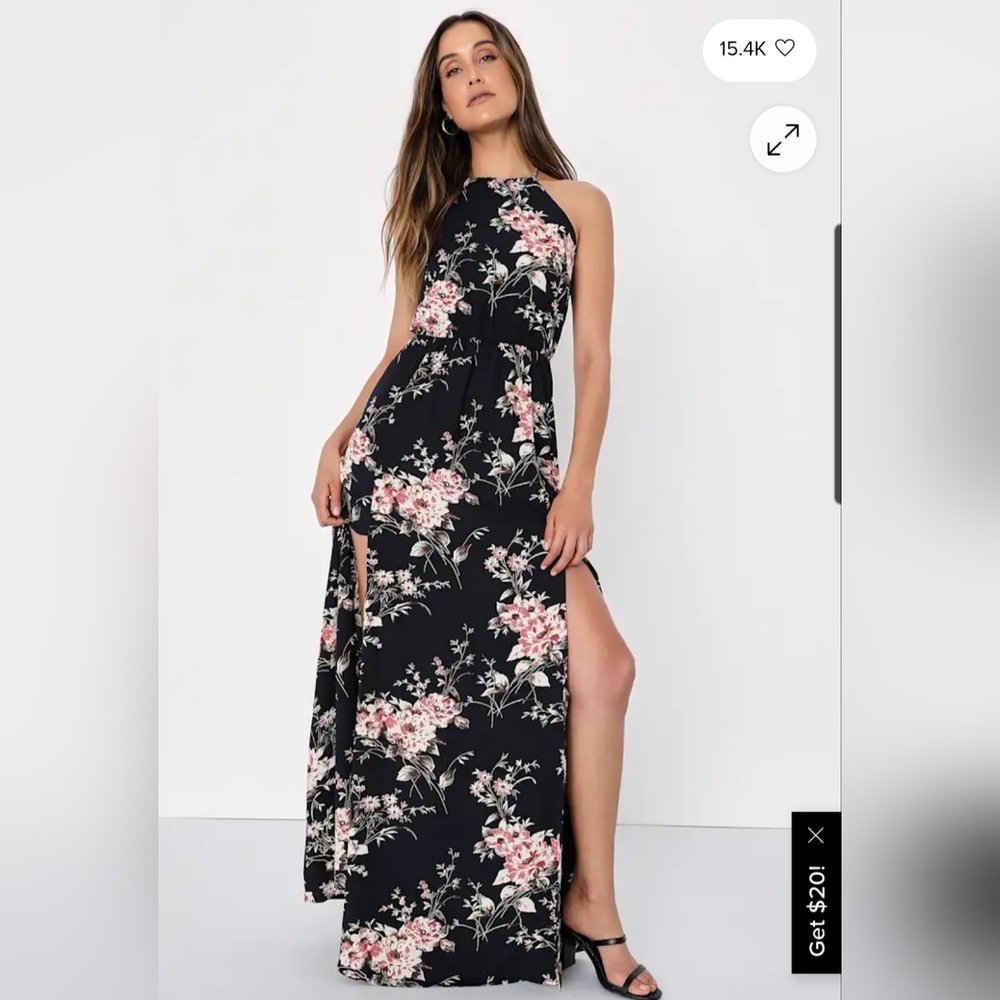 Lulu's Navy and Pink Floral Maxi Dress with Halter Neck And Two Leg Slits
